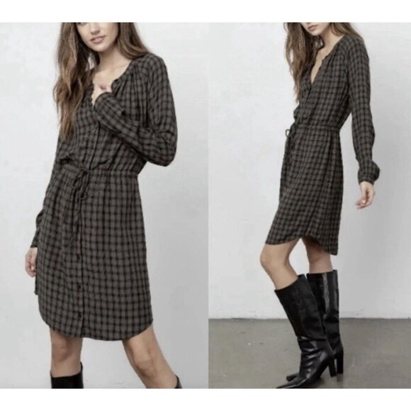 Rails Womens Small Bella Tie Waist Dress Olive Iron Check Button Up Long Sleeve - Picture 1 of 14